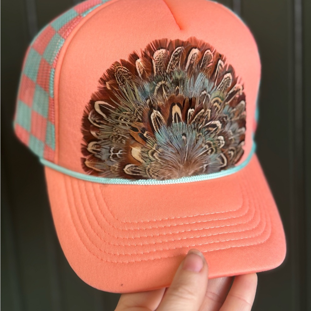 Peach Feather Embellished Cap
